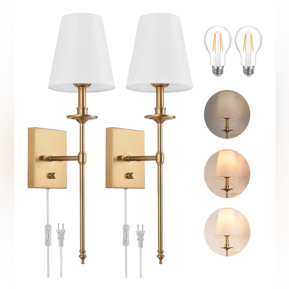Gold Wall Sconce Set with White Shades